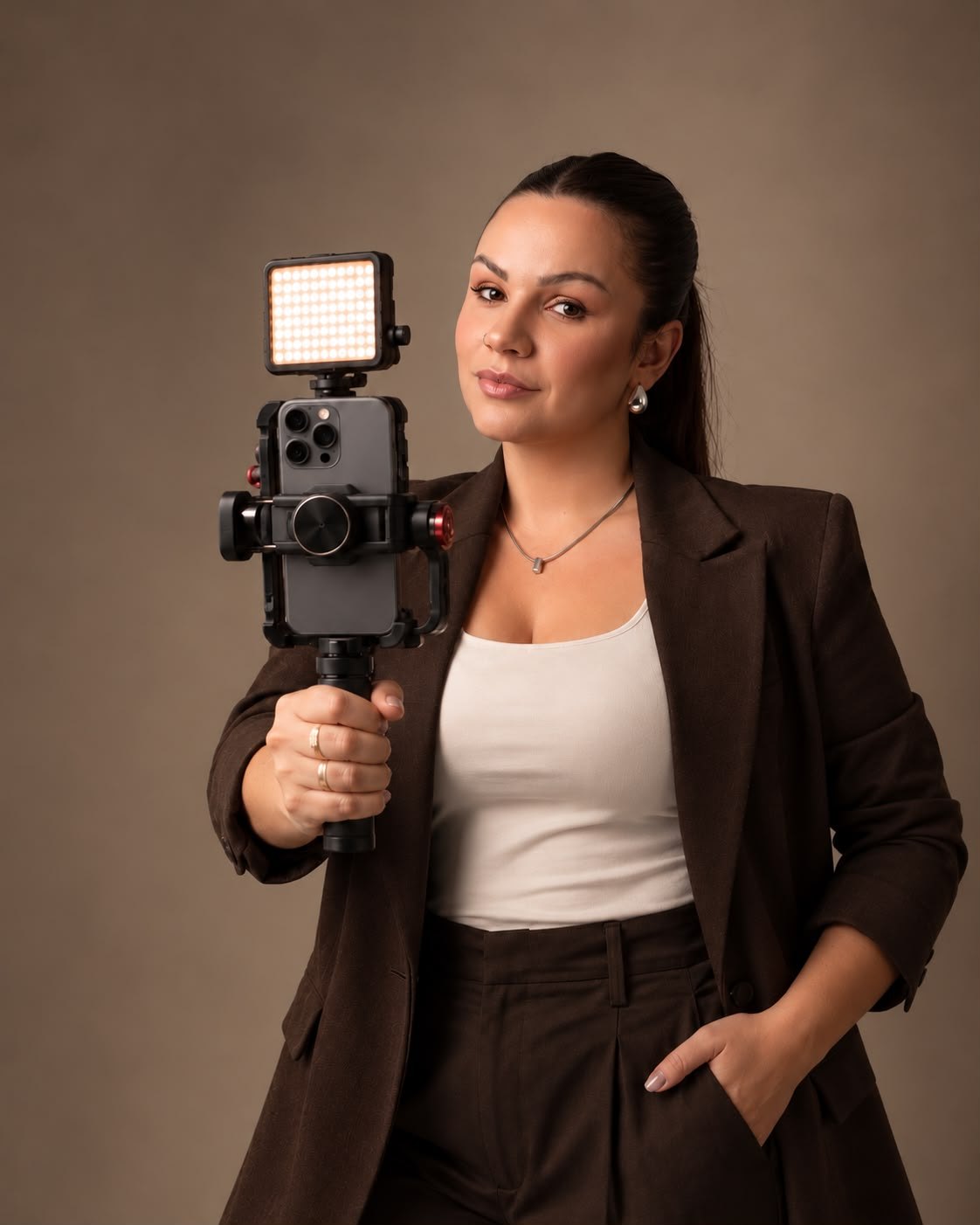 Layane Dola segurando o celular profissional com luz de LED no estabilizador